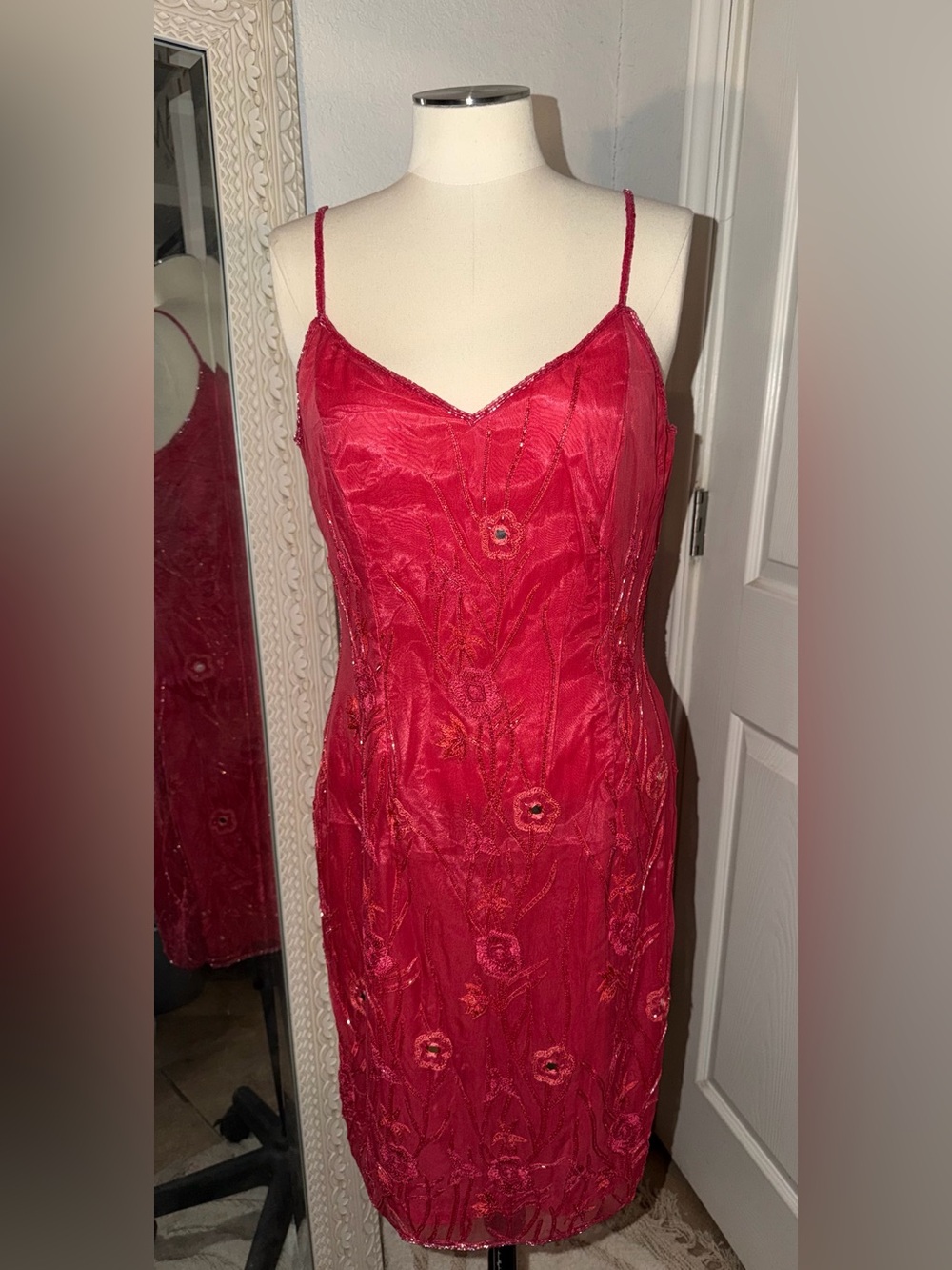 Chaudry Red Spaghetti-Strap Lace Mini Dress - Picture 2 of 13